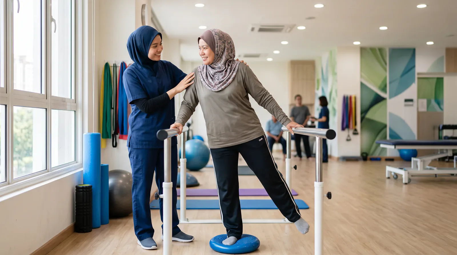 Physiotherapist assisting a patient during rehabilitation